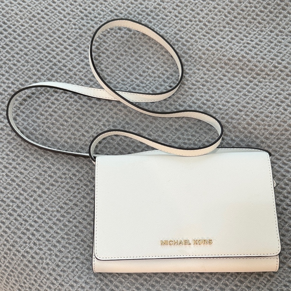 Michael Kors Cream and White Leather Crossbody Wallet